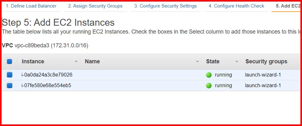 Picture showing selecting the instances for the load balancer